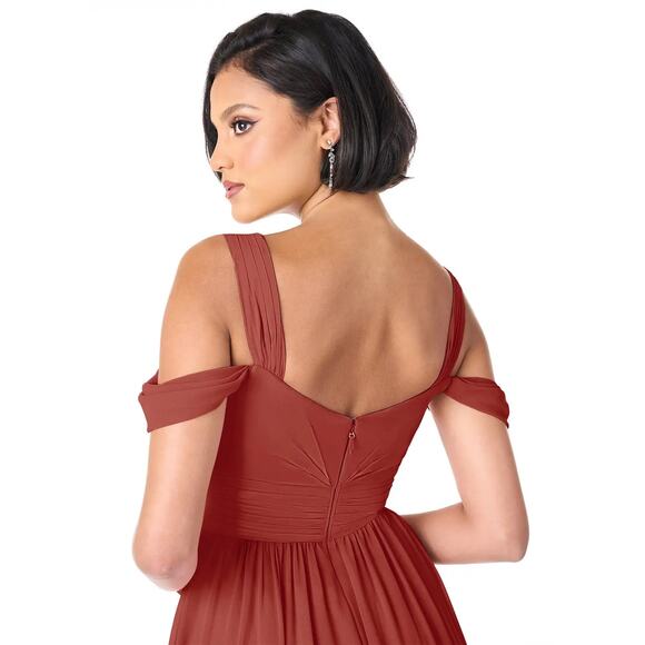 Azazie Lianne Terracotta size A6 A-Line Off the Shoulder Chiffon Dress - Picture 7 of 9